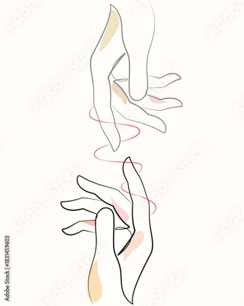 Fototapeta couple hands with red rope wrapped around  one line drawing. couple hands with red rope wrapped around  single line illustration. couple hands with red rope wrapped around  minimalist line art