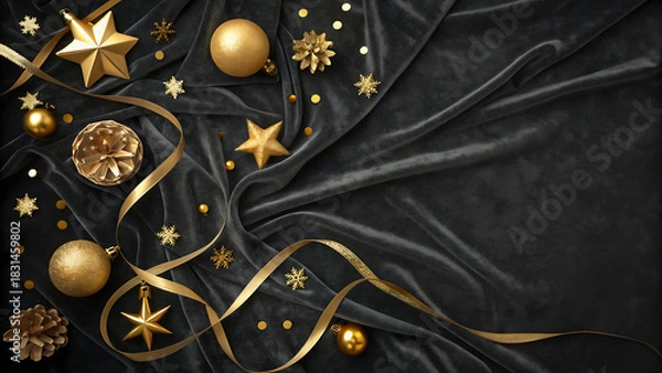 Fototapeta Elegant golden christmas and new year decorations with sparkling ribbon, stars, ornaments, and confetti on luxurious draped velvet fabric.