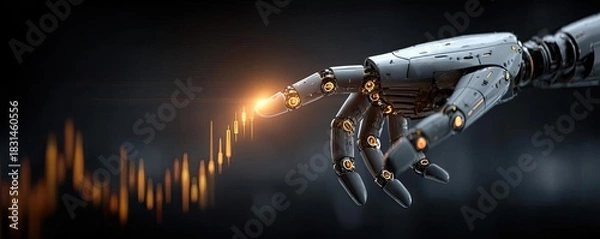 Obraz Robot hand analyzing stock market chart glowing fingertip concept. Futuristic robotic hand touching a glowing digital interface.