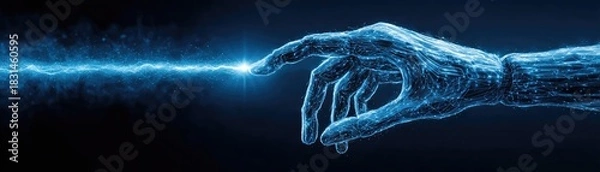 Obraz Robot hand analyzing stock market chart glowing fingertip concept. Futuristic hand reaching out, symbolizing digital connection.