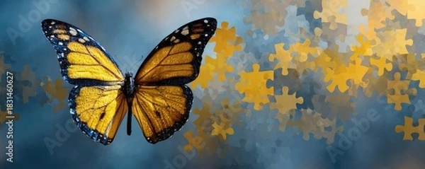 Obraz Alzheimer awareness shown through butterfly silhouette concept. A vibrant butterfly resting against a dreamy puzzle background.