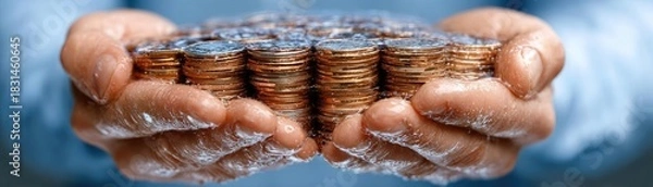 Obraz Hands forming barrier over coins for investment security concept. Person holding a pile of coins, symbolizing savings and wealth.