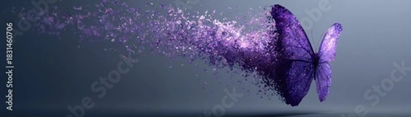 Obraz Alzheimer awareness shown through butterfly silhouette concept. A vibrant purple butterfly dispersing into colorful particles.
