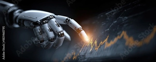 Obraz Robot hand analyzing stock market chart glowing fingertip concept. A robotic hand interacting with a financial graphic display.