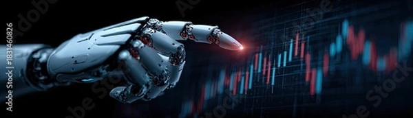 Obraz Robot hand analyzing stock market chart glowing fingertip concept. Futuristic robotic hand interacting with financial data visualizations.