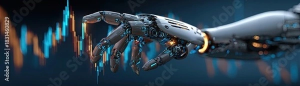 Obraz Robot hand analyzing stock market chart glowing fingertip concept. Futuristic robotic hand interacting with digital stock market data.