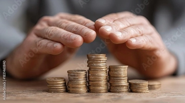 Obraz Hands forming barrier over coins for investment security concept. Protecting stacked coins with hands symbolizes financial security.