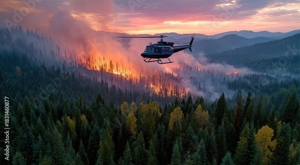 Obraz Helicopter hovers amid intense wildfire flames concept. Helicopter battling forest fire at sunset over dense pine forest.