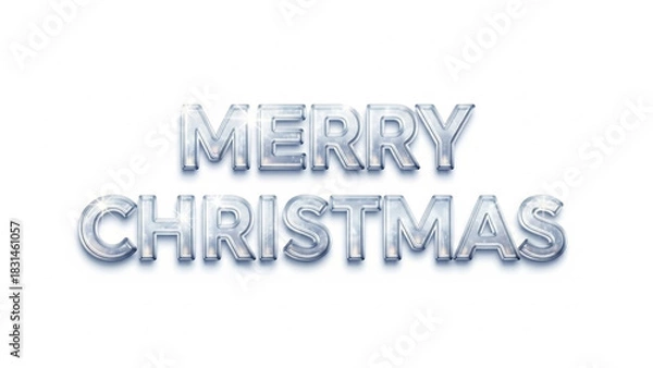 Fototapeta Shiny and transparent Merry Christmas text effect on a white background, perfect for holiday greeting cards, banners, or festive designs.