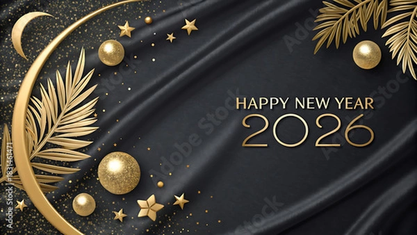 Fototapeta Happy new year 2026 elegant banner featuring golden palm leaves, sparkling spheres, and festive stars on luxurious black fabric.