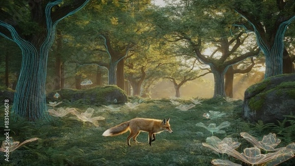 Obraz Enchanted Forest Scene with Fox and Magical Nature Elements