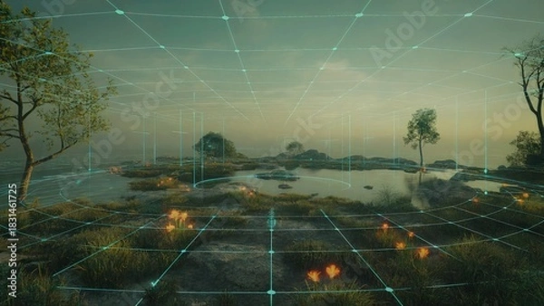 Obraz Digital Environmental Landscape with Nature Grid Mapping and Virtual Simulation