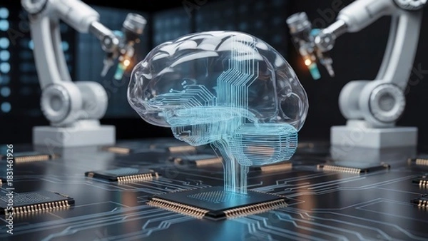 Obraz Artificial Intelligence Brain Model with Robotic Systems and Digital Technology