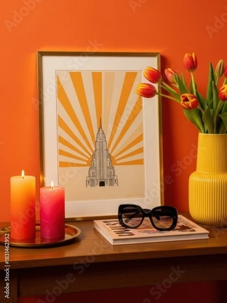 Obraz Retro Console Table with Sun Art and Tulips