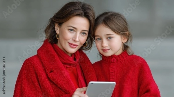 Obraz Two Women in Red Sweaters Engaged in a Digital Conversation while Exploring Options on a Tablet Together