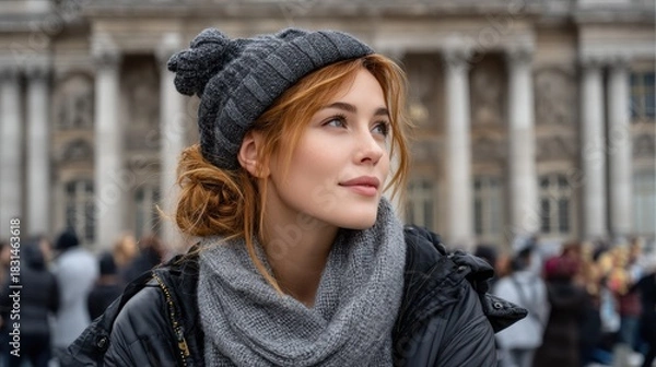 Obraz Elegant Woman in Gray Scarf Posing Gracefully Near Cathedral Square in a Minimal Loft Setting with Professional Undertones