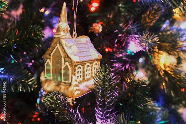 Fototapeta Ice house toy on a Christmas tree with colorful lights
