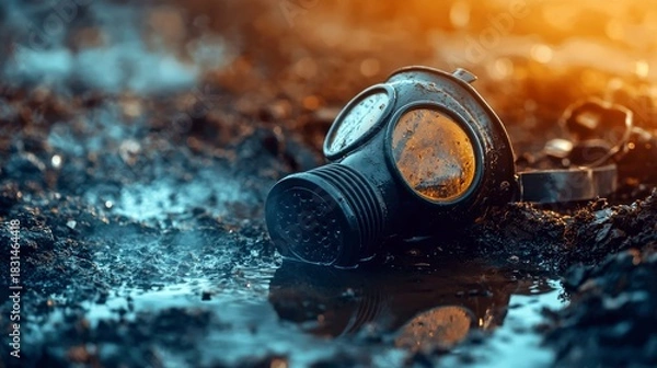Obraz Close-up of a gas mask lying in muddy water, with a dramatic, warm light illuminating the scene, suggesting a post-apocalyptic or environmental disaster setting