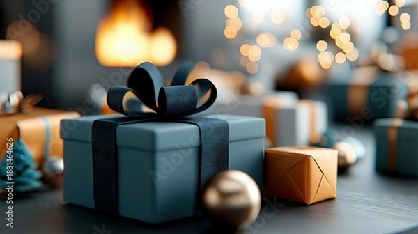 Obraz Close-up of various gift boxes with bows on a table, with a blurred Christmas setting in the background, creating a cozy and festive atmosphere.