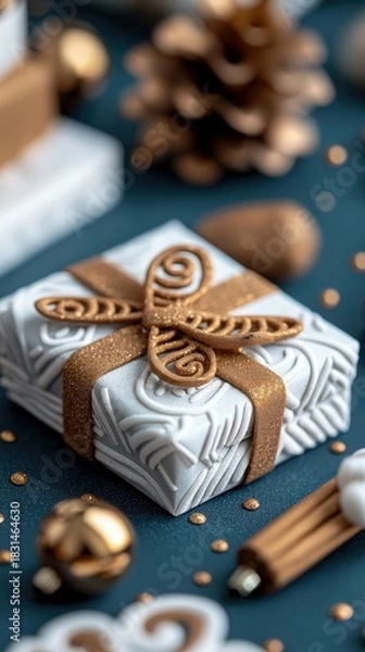 Obraz Close-up of a decorated gift box with a gold ribbon and other holiday decorations on a blue background, festive and elegant.