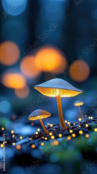 Obraz Two glowing mushrooms with bokeh lights in a forest at night. Magical and whimsical scene.