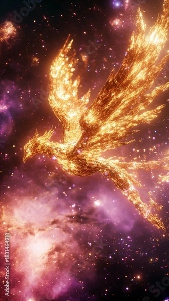 Obraz A majestic, glowing phoenix bird soars through a vibrant, star-filled galaxy, radiating light and energy.