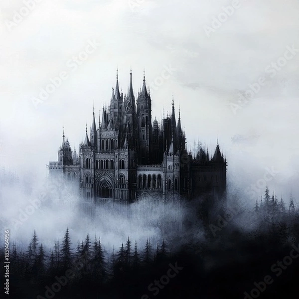 Obraz A gothic castle shrouded in mist, emerging from a dark forest, creating an atmospheric and mysterious scene.