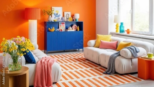 Obraz Eclectic Orange Living Room with Patterned Rug