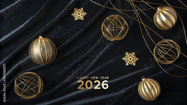Fototapeta Happy new year 2026 festive composition featuring golden abstract geometric ornaments, elegant striped baubles, and snowflakes on luxurious draped velvet.