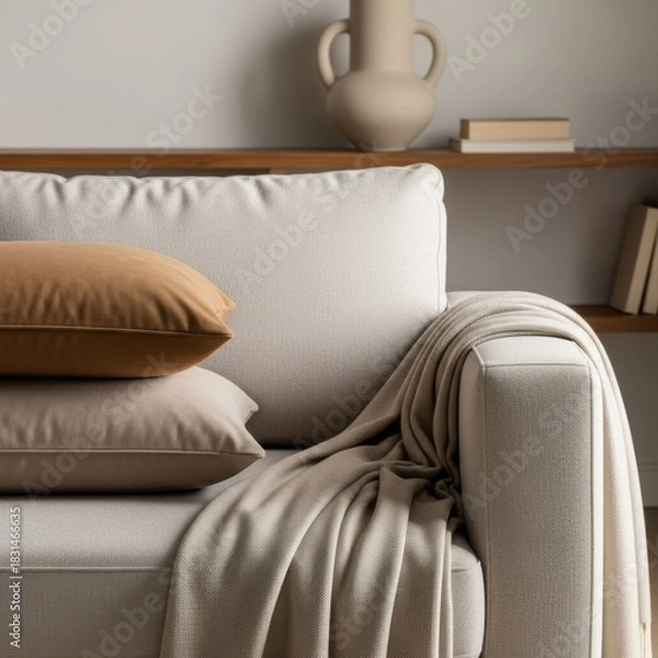Obraz Cozy Sofa with Beige and Brown Pillows