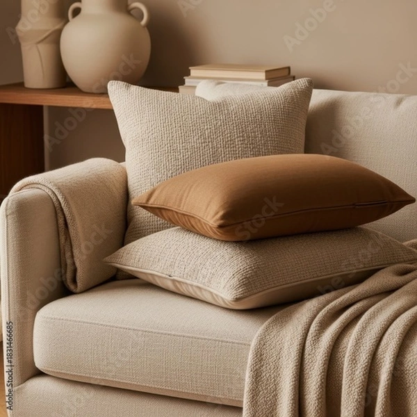 Obraz Cozy Sofa with Beige and Brown Pillows