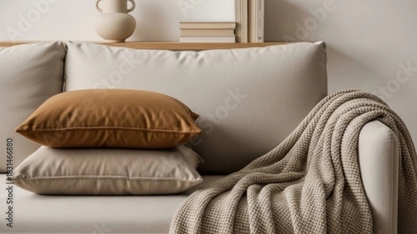 Obraz Cozy Sofa with Beige and Brown Pillows
