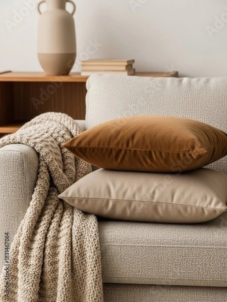 Obraz Cozy Sofa with Beige and Brown Pillows