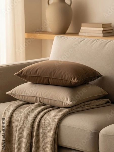 Obraz Cozy Sofa with Beige and Brown Pillows