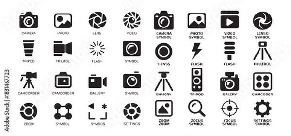Fototapeta Camera photo lens video symbol icon set, tripod, flash, camcorder, gallery, zoom, focus, settings