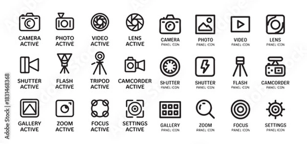Fototapeta Camera active panel icon set for photography apps including camera photo video lens shutter flash tripod camcorder gallery zoom focus settings
