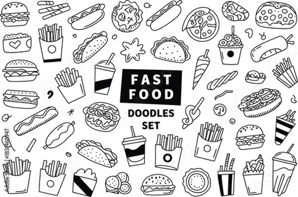 Obraz Assorted Fast Food Doodles Collection burger hamburger