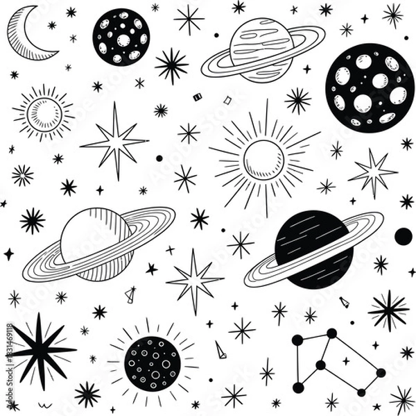 Fototapeta Celestial doodle pattern with planets and stars Saturn