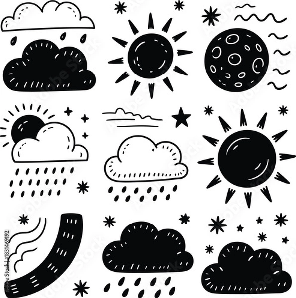 Obraz Doodle Weather Symbols With Sun Moon Clouds And Rain