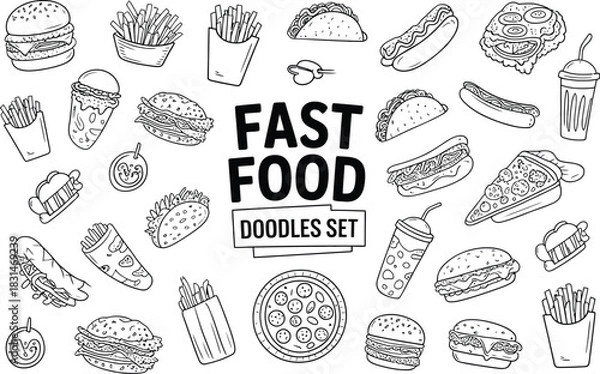 Obraz Hand Drawn Fast Food Doodles Set burger hamburger