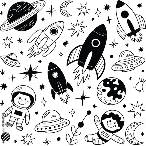 Fototapeta Space doodle elements with astronauts and rockets planet
