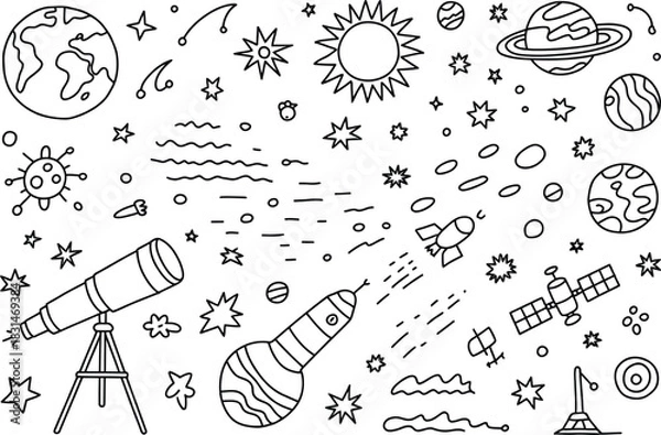 Fototapeta Space Travel and Celestial Objects Doodle Art rocket
