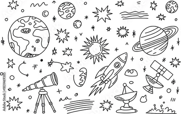 Fototapeta Space exploration doodle with telescope and satellites