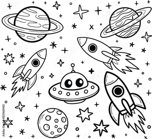 Obraz Whimsical Space Doodle with Rockets and UF Os Keywords: space, rocket, planet, stars, moon