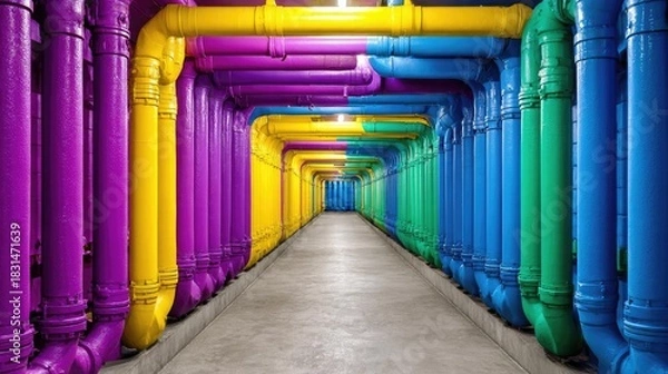 Fototapeta Industrial piping in unique color scheme concept. Vibrant colored pipes creating a striking tunnel effect indoors.