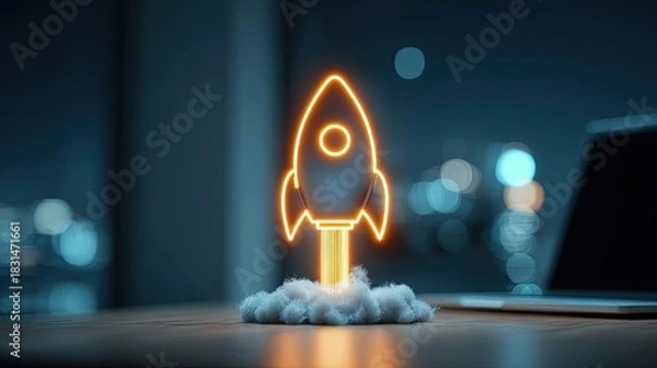Fototapeta Rocket launching from laptop for startup success concept. A glowing rocket launch concept symbolizing innovation.