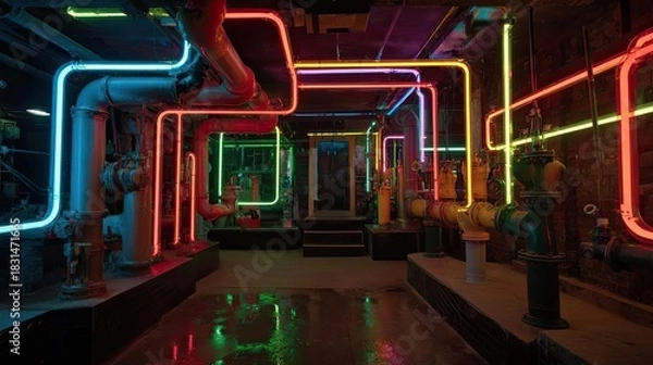 Fototapeta Industrial piping in unique color scheme concept. Futuristic industrial setting with vibrant neon pipelines.