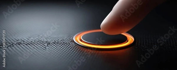 Fototapeta Finger pressing go button with orange light concept. A finger pressing a glowing touch-sensitive button.