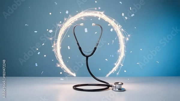 Fototapeta Stethoscope with sparkler circle on light blue background in horizontal format