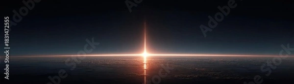 Fototapeta Rocket launching from laptop for startup success concept. A stunning view of a starburst effect illuminating the horizon.